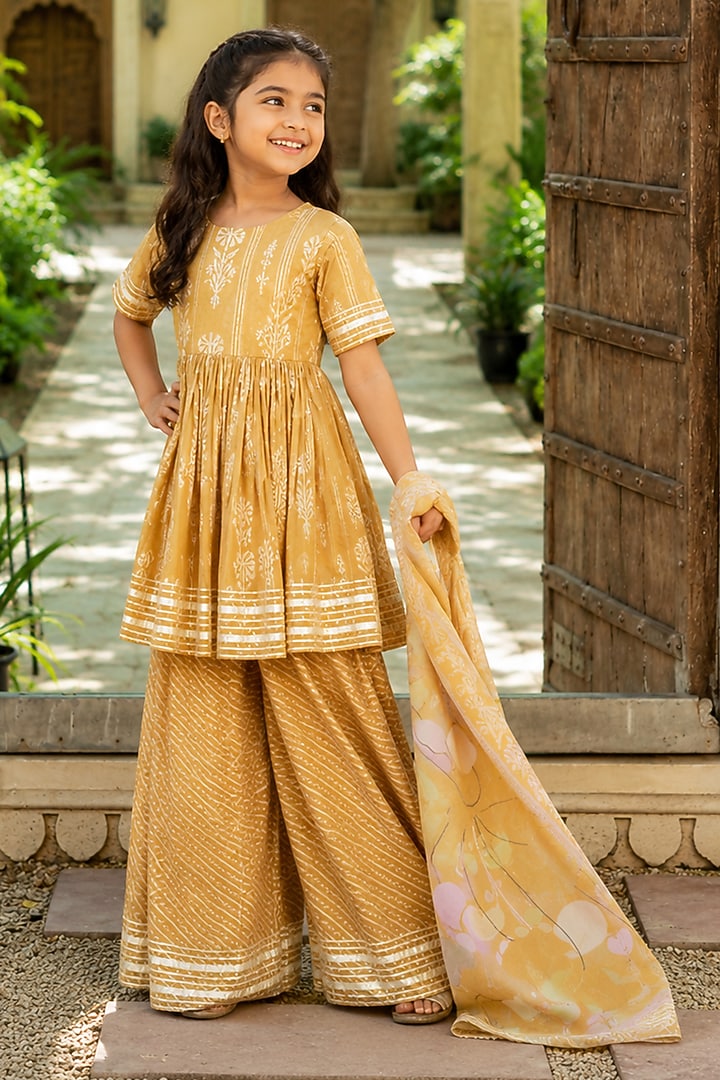 Yellow Cotton Printed Sharara Set For Girls by House Of Jamoti Kids at Pernia's Pop Up Shop