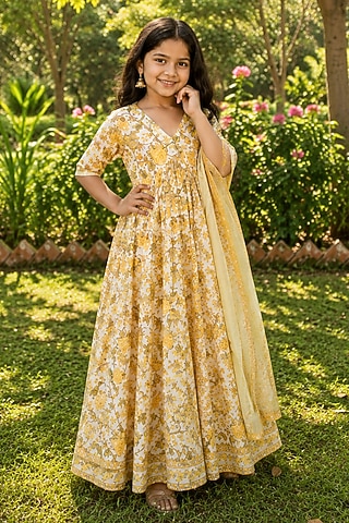 Yellow Cotton Printed Anarkali Set For Girls by House Of Jamoti Kids