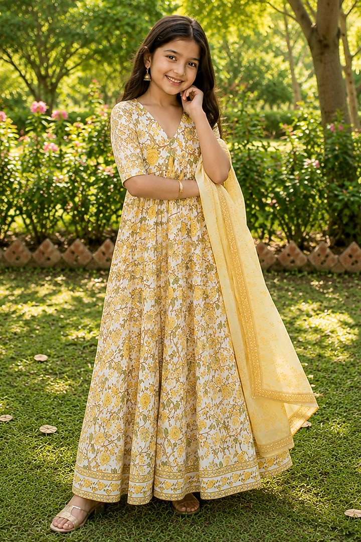 Yellow Cotton Printed Anarkali Set For Girls by House Of Jamoti Kids at Pernia's Pop Up Shop
