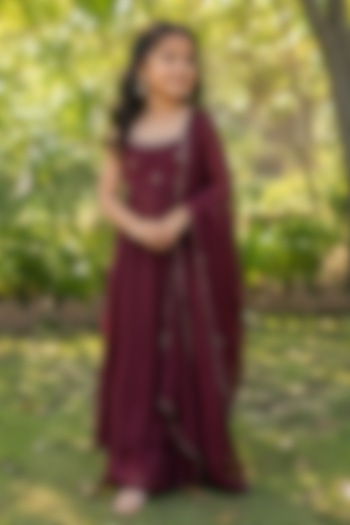 Wine Georgette Embroidered Anarkali Set For Girls by House Of Jamoti Kids at Pernia's Pop Up Shop
