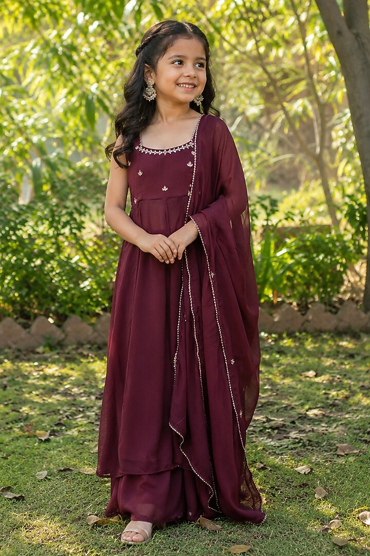Wine Georgette Embroidered Anarkali Set For Girls by House Of Jamoti Kids at Pernia's Pop Up Shop