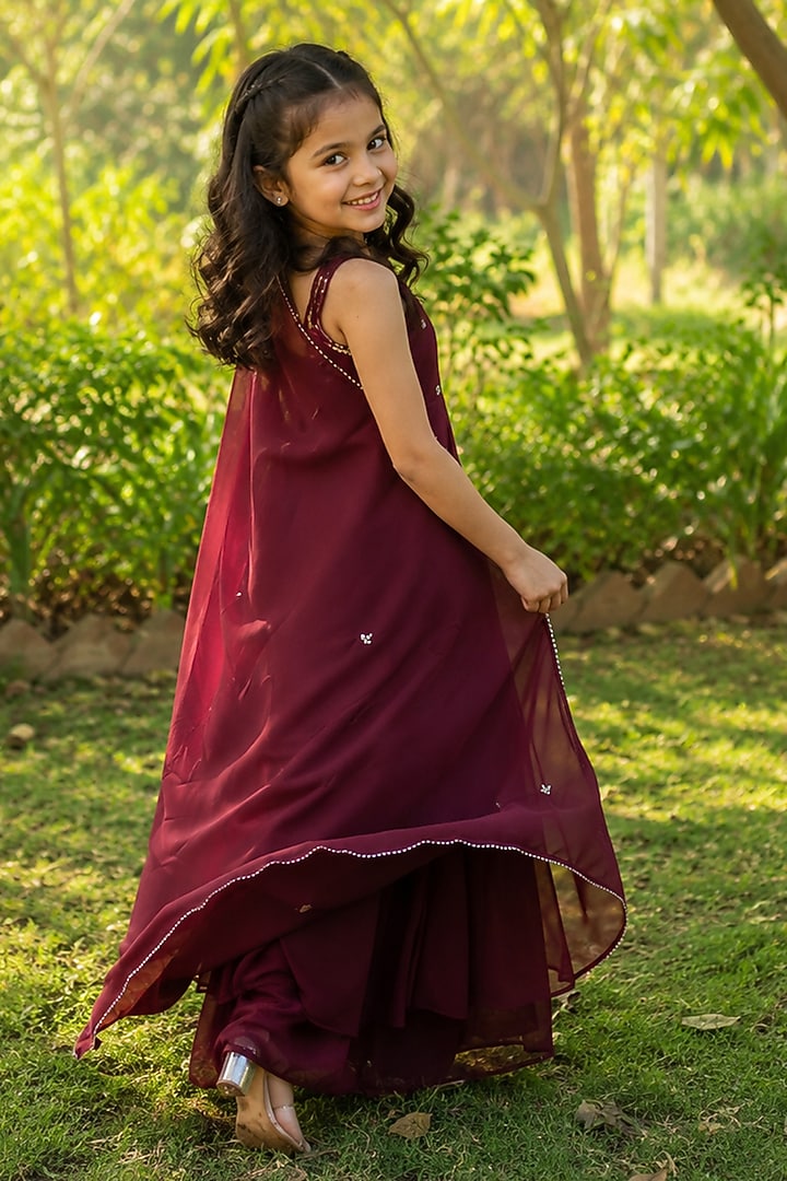Wine Georgette Embroidered Anarkali Set For Girls by House Of Jamoti Kids at Pernia's Pop Up Shop