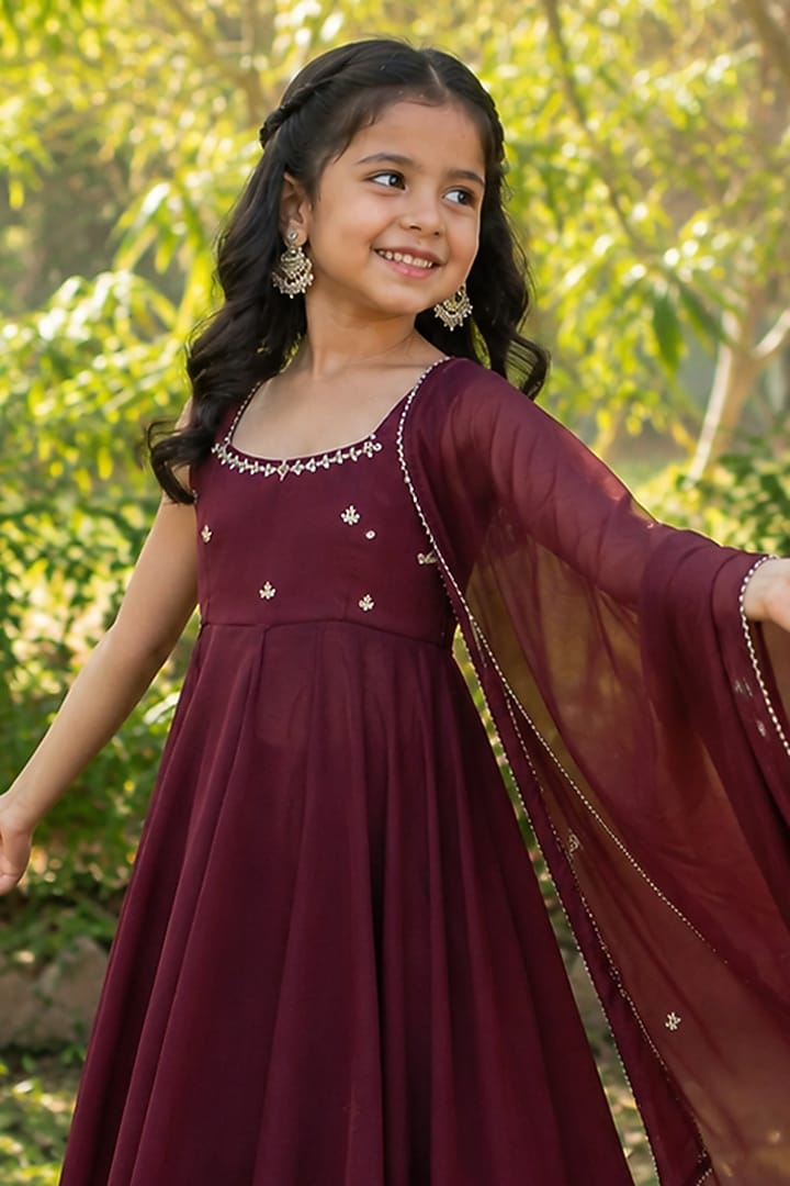 Wine Georgette Embroidered Anarkali Set For Girls by House Of Jamoti Kids at Pernia's Pop Up Shop