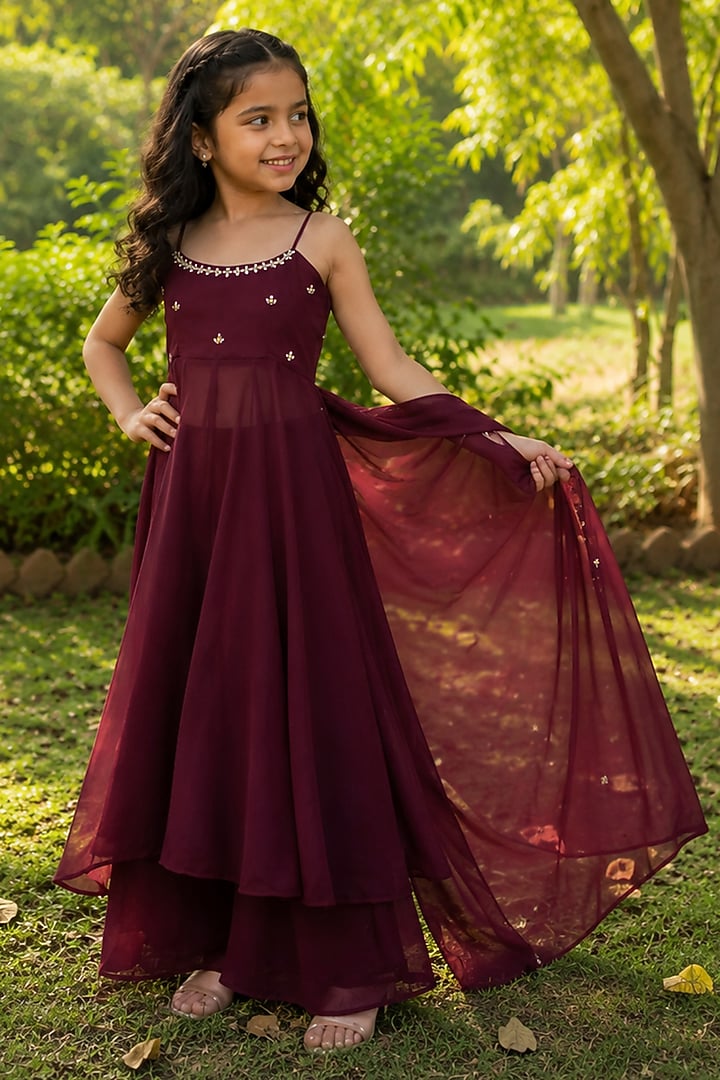 Wine Georgette Embroidered Anarkali Set For Girls by House Of Jamoti Kids at Pernia's Pop Up Shop