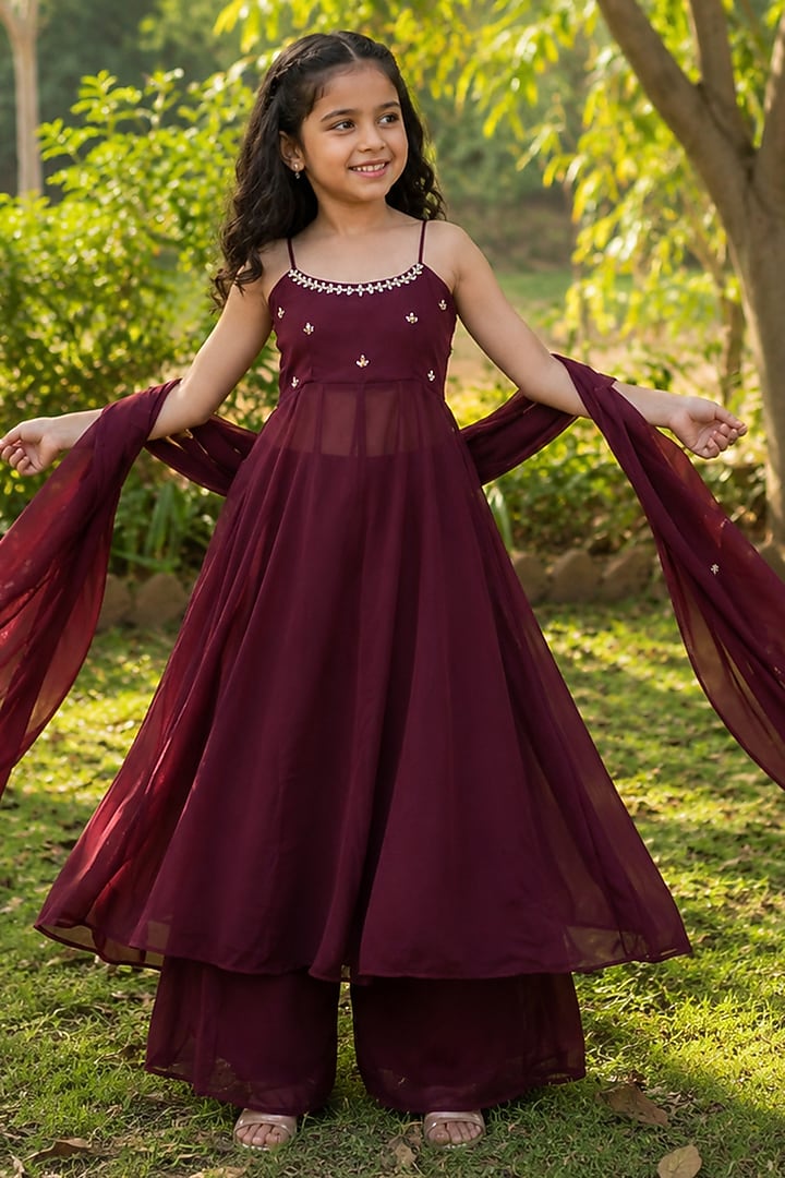 Wine Georgette Embroidered Anarkali Set For Girls by House Of Jamoti Kids at Pernia's Pop Up Shop