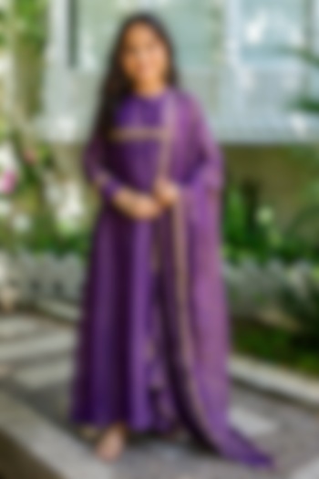 Purple Tissue Lace Embroidered Anarkali Set For Girls by House Of Jamoti Kids at Pernia's Pop Up Shop