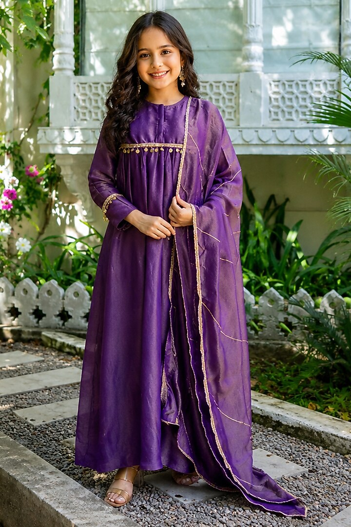 Purple Tissue Lace Embroidered Anarkali Set For Girls by House Of Jamoti Kids at Pernia's Pop Up Shop