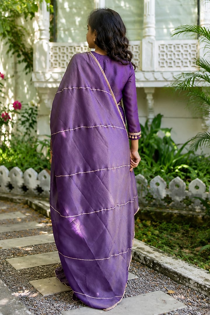 Purple Tissue Lace Embroidered Anarkali Set For Girls by House Of Jamoti Kids at Pernia's Pop Up Shop