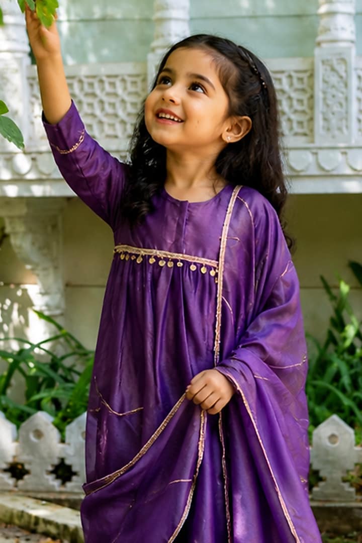 Purple Tissue Lace Embroidered Anarkali Set For Girls by House Of Jamoti Kids at Pernia's Pop Up Shop