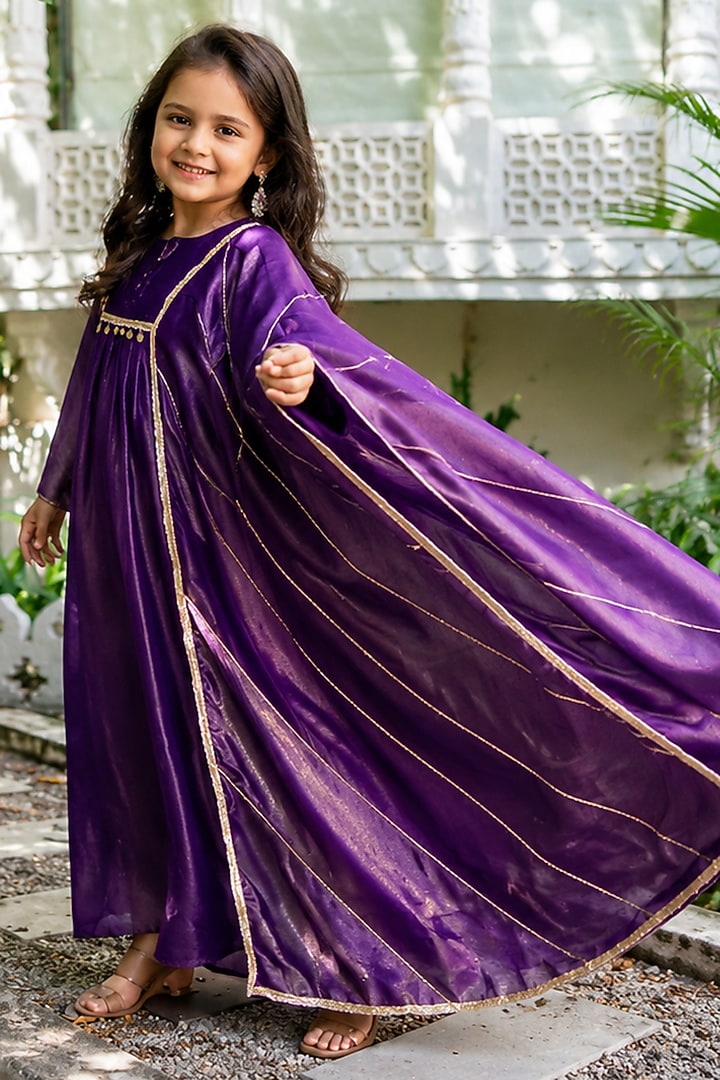 Purple Tissue Lace Embroidered Anarkali Set For Girls by House Of Jamoti Kids at Pernia's Pop Up Shop