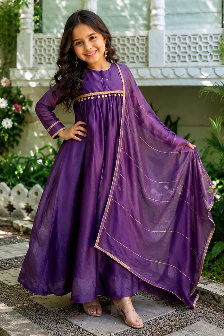Purple Tissue Lace Embroidered Anarkali Set For Girls by House Of Jamoti Kids at Pernia's Pop Up Shop