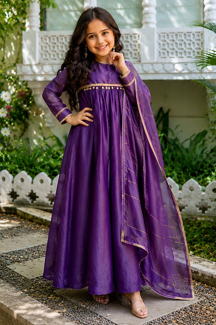 Purple Tissue Lace Embroidered Anarkali Set For Girls by House Of Jamoti Kids at Pernia's Pop Up Shop