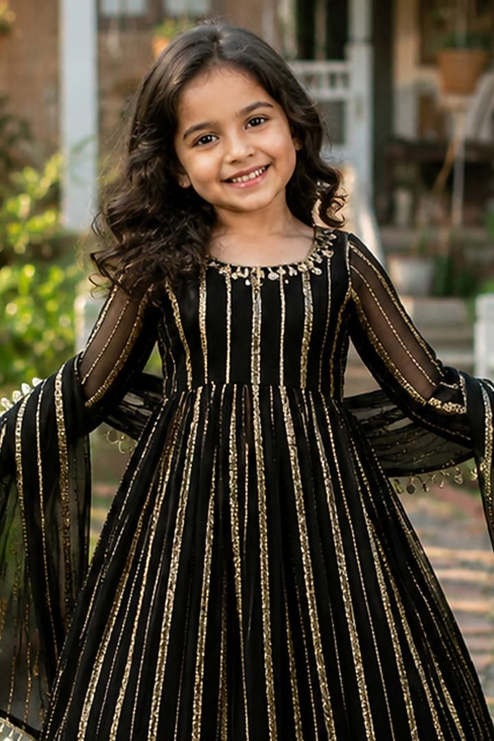 Black Viscose Zari Embroidered Anarkali Set For Girls by House Of Jamoti Kids at Pernia's Pop Up Shop