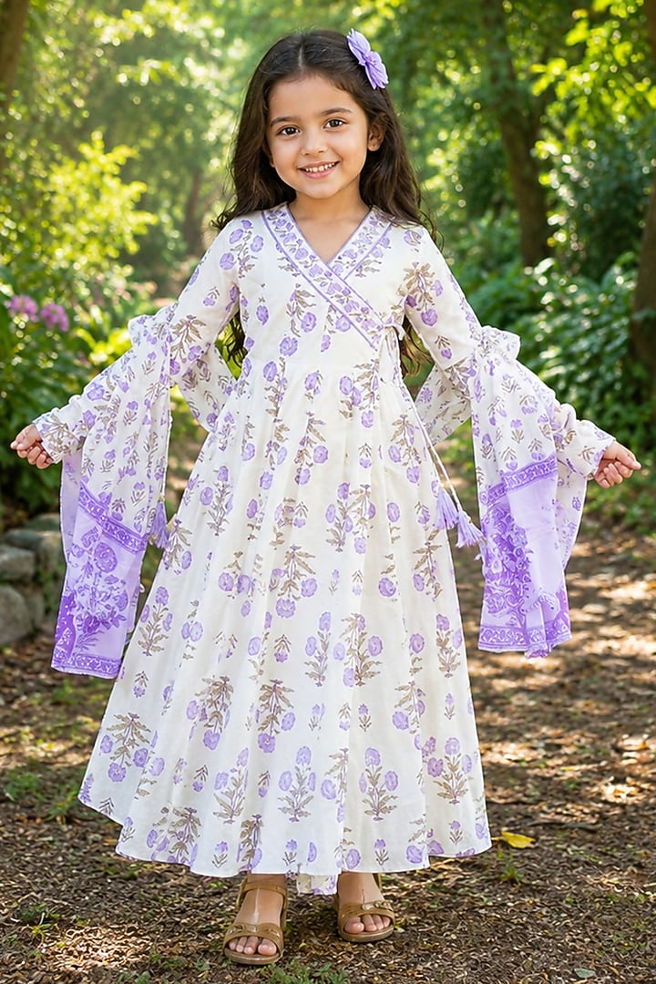 Purple Cotton Floral Printed Angrakha Anarkali Set For Girls by House Of Jamoti Kids at Pernia's Pop Up Shop