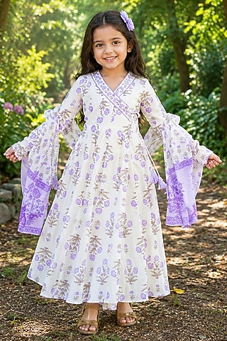 Purple Cotton Floral Printed Angrakha Anarkali Set For Girls by House Of Jamoti Kids