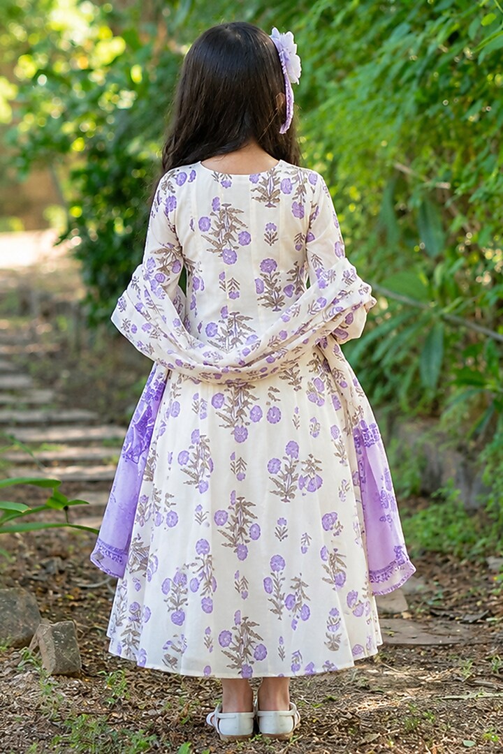 Purple Cotton Floral Printed Angrakha Anarkali Set For Girls by House Of Jamoti Kids at Pernia's Pop Up Shop
