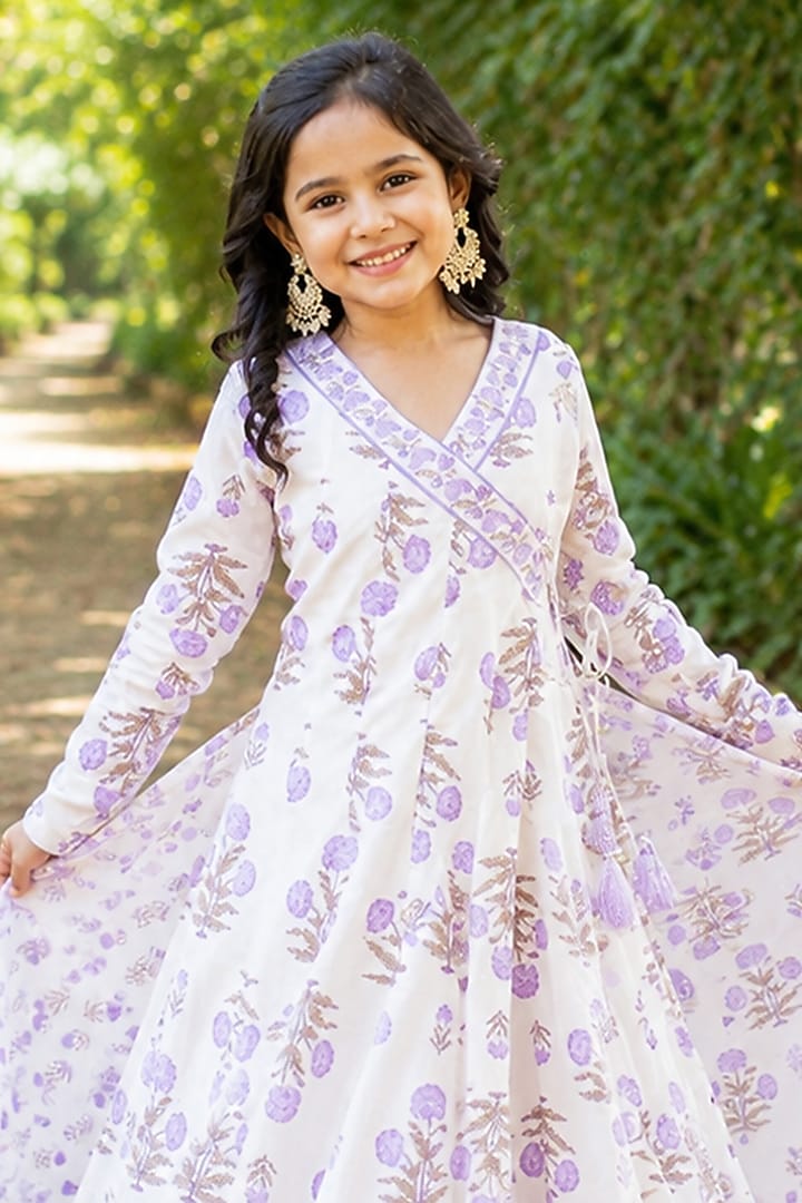 Purple Cotton Floral Printed Angrakha Anarkali Set For Girls by House Of Jamoti Kids at Pernia's Pop Up Shop