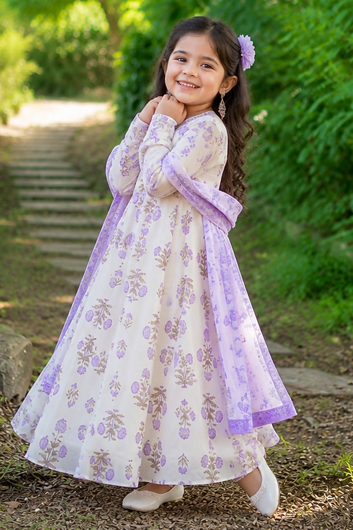 Purple Cotton Floral Printed Angrakha Anarkali Set For Girls by House Of Jamoti Kids at Pernia's Pop Up Shop