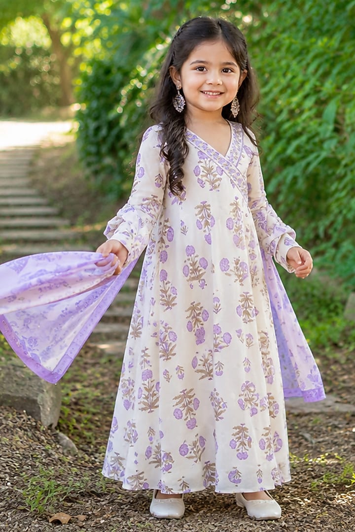 Purple Cotton Floral Printed Angrakha Anarkali Set For Girls by House Of Jamoti Kids at Pernia's Pop Up Shop