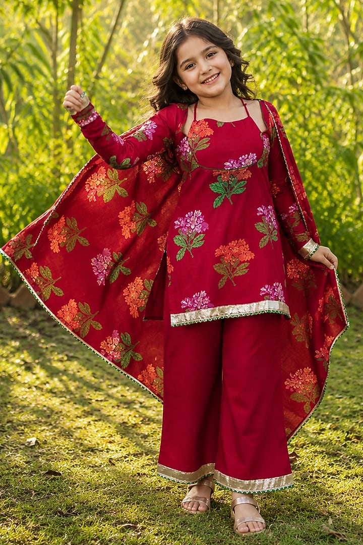 Red Cotton Floral Printed Kurta Set For Girls by House Of Jamoti Kids at Pernia's Pop Up Shop