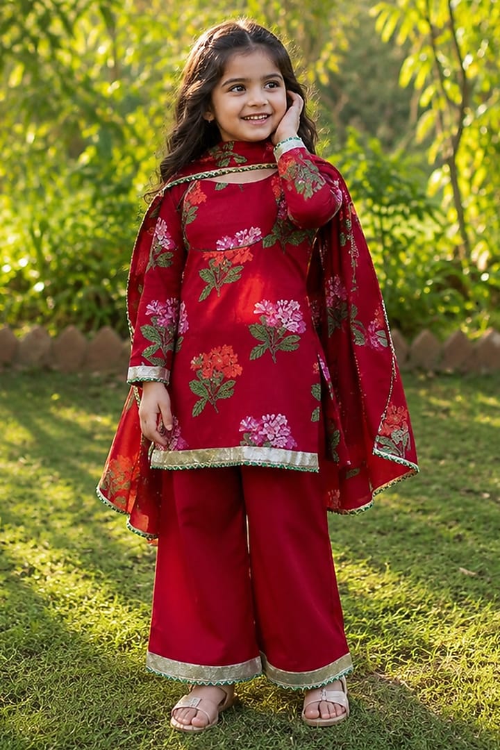 Red Cotton Floral Printed Kurta Set For Girls by House Of Jamoti Kids at Pernia's Pop Up Shop