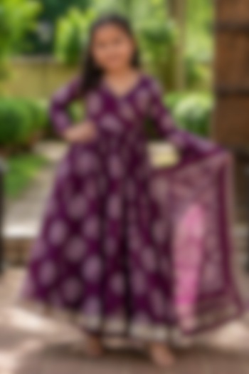 Deep Purple Muslin Embroidered Anarkali Set For Girls by House Of Jamoti Kids at Pernia's Pop Up Shop