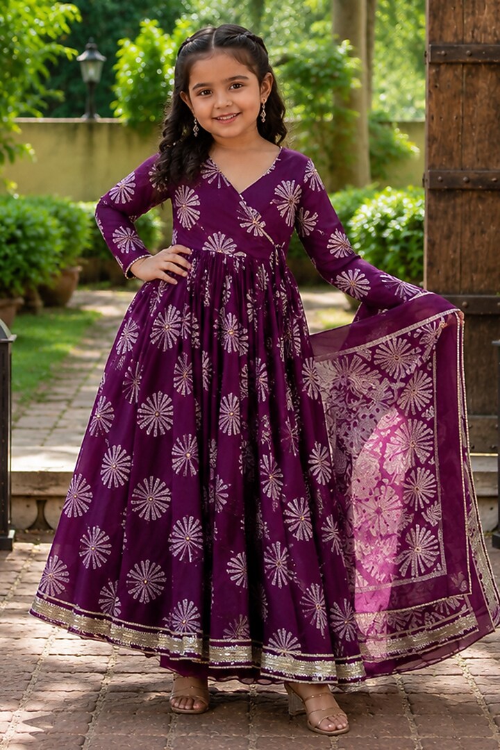 Deep Purple Muslin Embroidered Anarkali Set For Girls by House Of Jamoti Kids at Pernia's Pop Up Shop