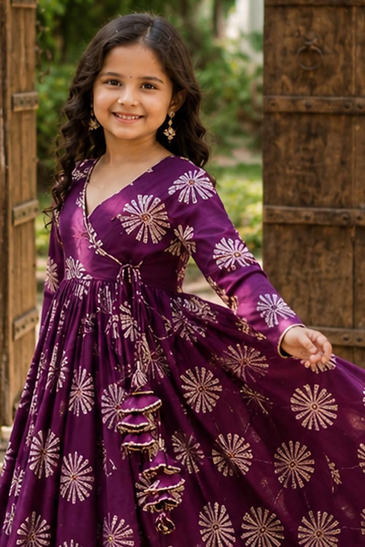 Deep Purple Muslin Embroidered Anarkali Set For Girls by House Of Jamoti Kids at Pernia's Pop Up Shop