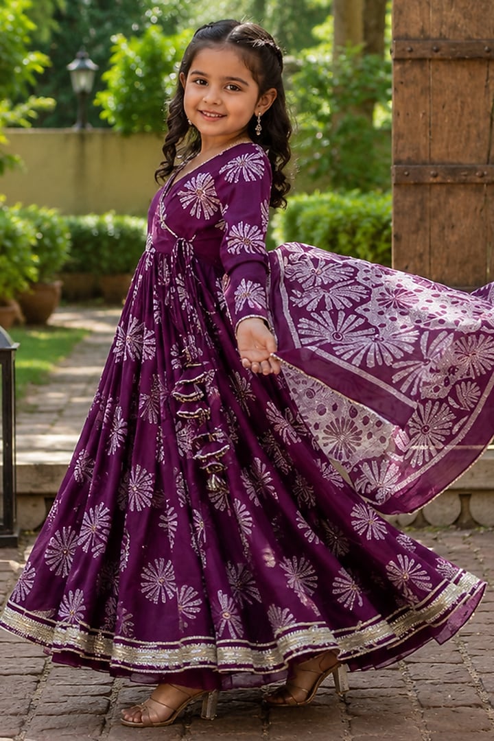 Deep Purple Muslin Embroidered Anarkali Set For Girls by House Of Jamoti Kids at Pernia's Pop Up Shop