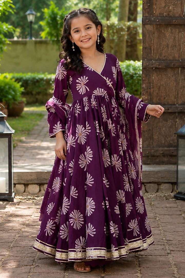 Deep Purple Muslin Embroidered Anarkali Set For Girls by House Of Jamoti Kids at Pernia's Pop Up Shop