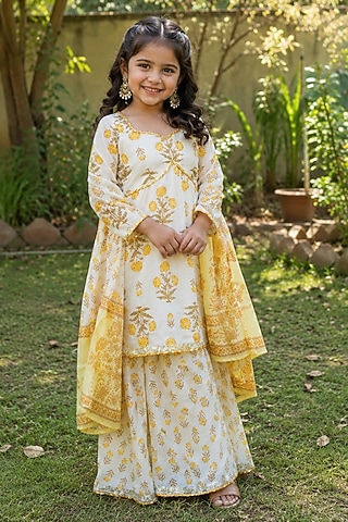 Mustard Yellow Cotton Floral Printed Sharara Set For Girls by House Of Jamoti Kids
