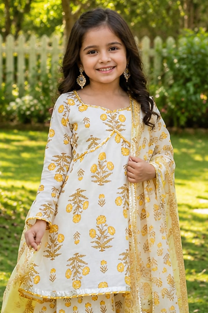 Mustard Yellow Cotton Floral Printed Sharara Set For Girls by House Of Jamoti Kids at Pernia's Pop Up Shop