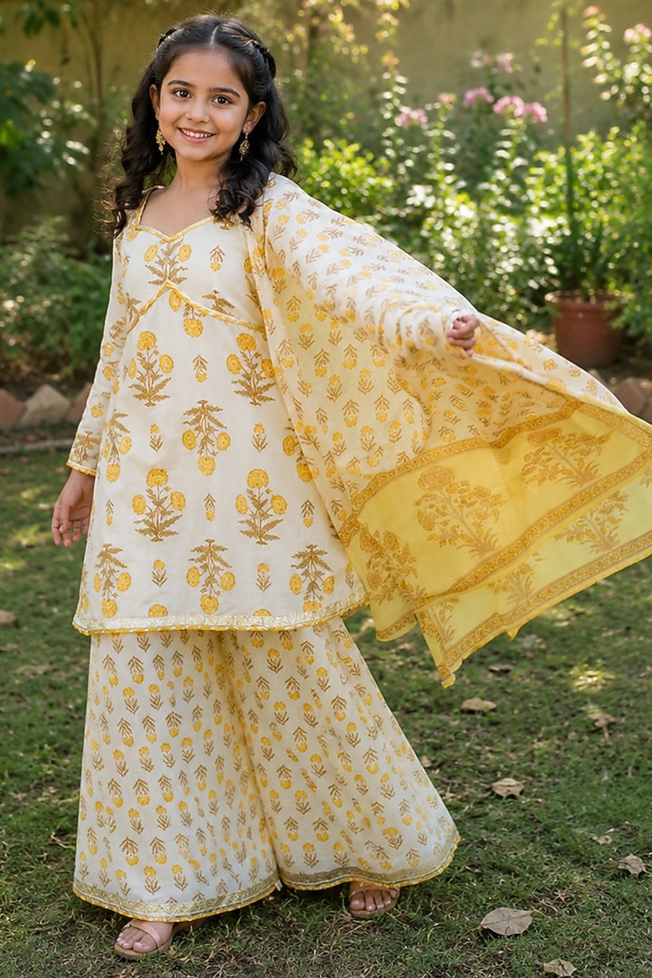 Mustard Yellow Cotton Floral Printed Sharara Set For Girls by House Of Jamoti Kids at Pernia's Pop Up Shop
