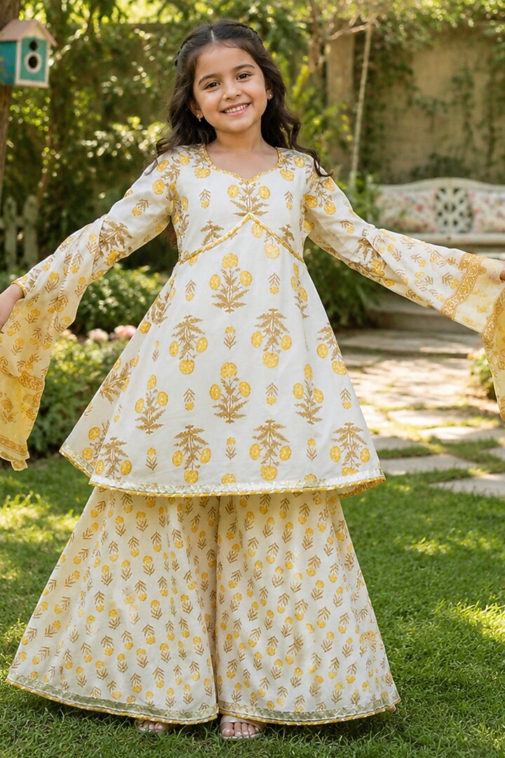 Mustard Yellow Cotton Floral Printed Sharara Set For Girls by House Of Jamoti Kids at Pernia's Pop Up Shop