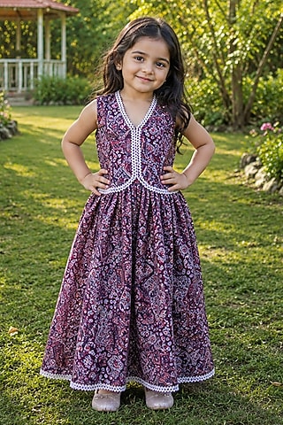 Purple Cotton Floral Printed Skirt Set For Girls by House Of Jamoti Kids
