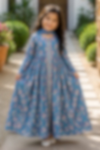 Blue Cotton Printed Anarkali Set For Girls by House Of Jamoti Kids at Pernia's Pop Up Shop