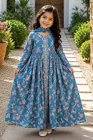 Blue Cotton Printed Anarkali Set For Girls by House Of Jamoti Kids