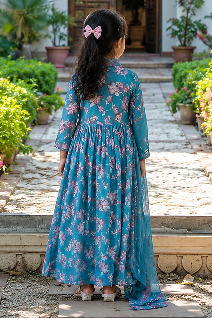 Blue Cotton Printed Anarkali Set For Girls by House Of Jamoti Kids at Pernia's Pop Up Shop