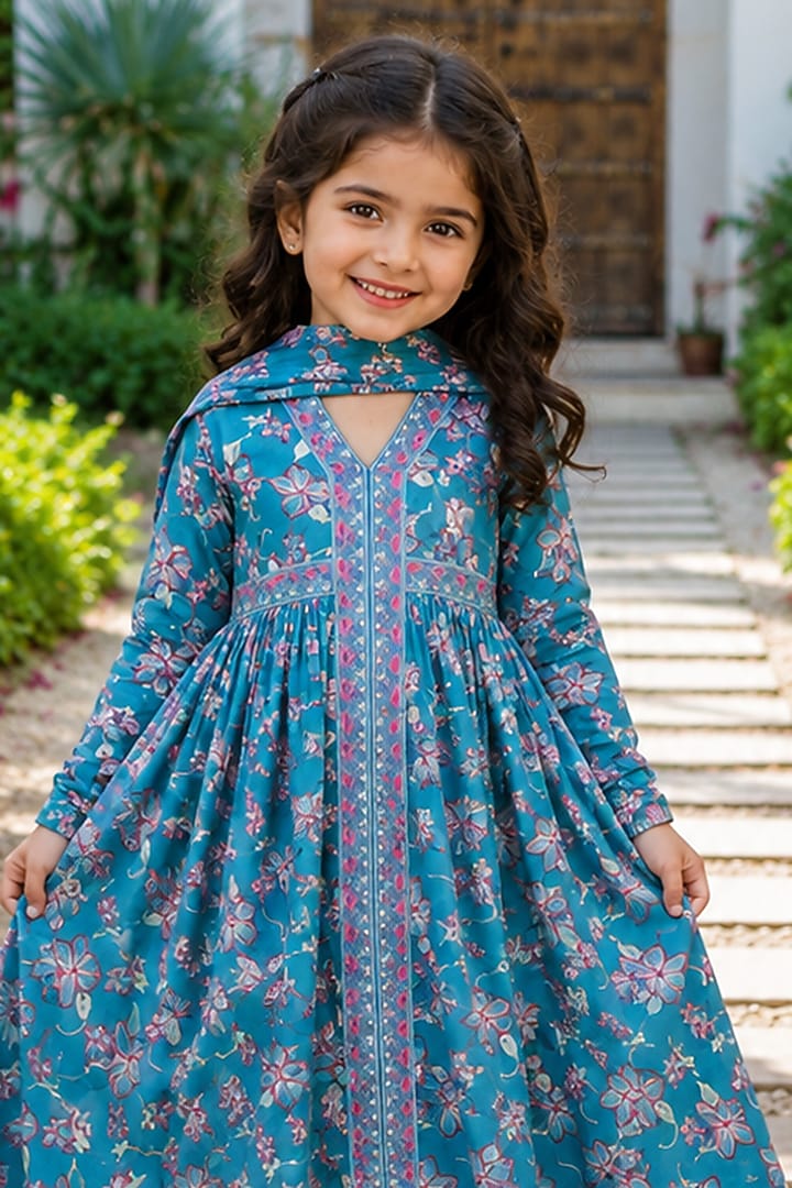 Blue Cotton Printed Anarkali Set For Girls by House Of Jamoti Kids at Pernia's Pop Up Shop