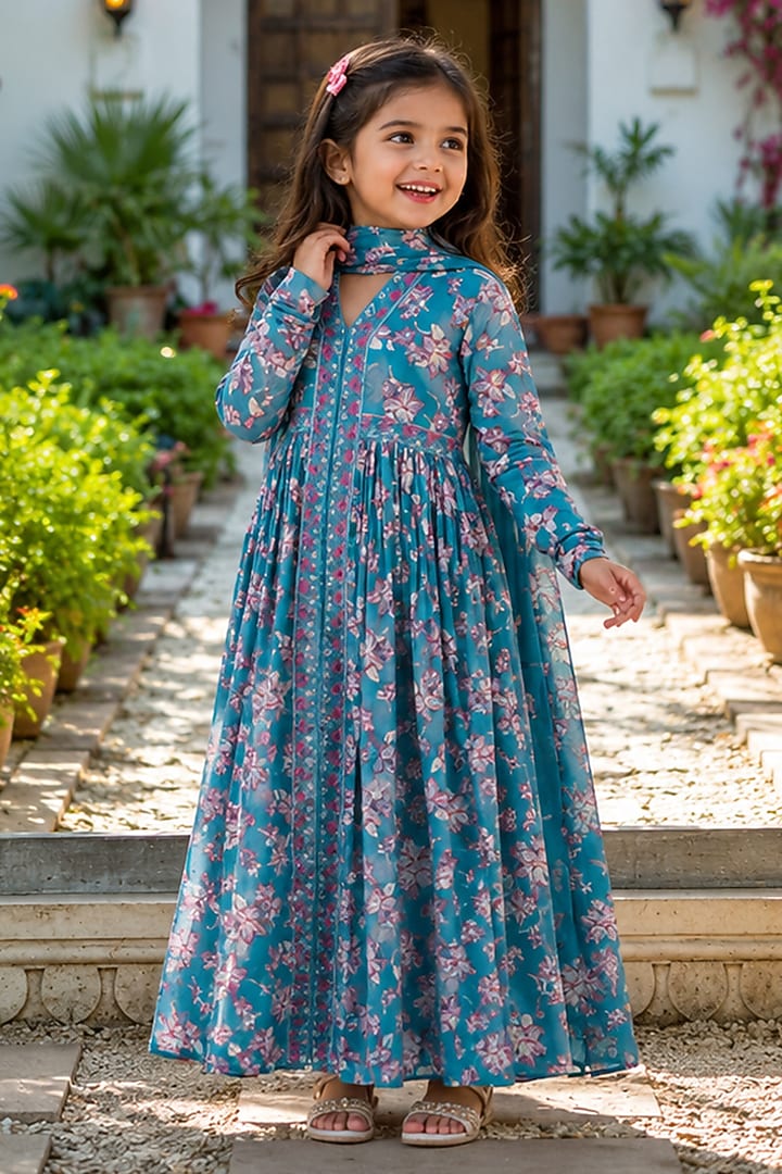 Blue Cotton Printed Anarkali Set For Girls by House Of Jamoti Kids at Pernia's Pop Up Shop