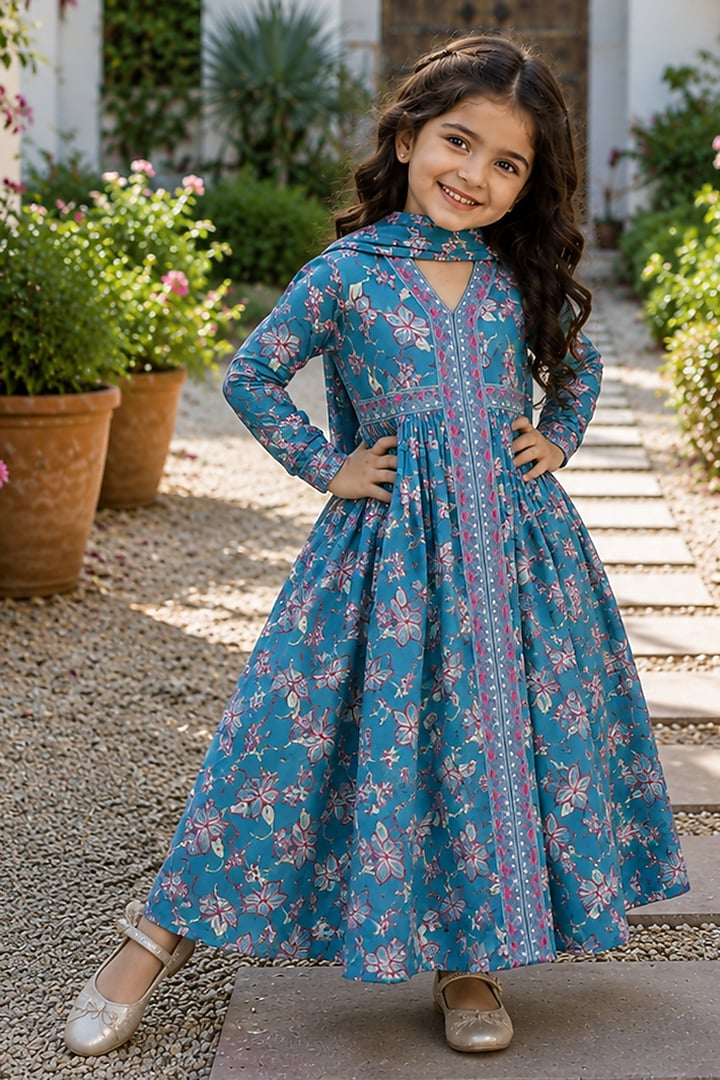 Blue Cotton Printed Anarkali Set For Girls by House Of Jamoti Kids at Pernia's Pop Up Shop