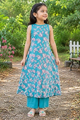 Blue Cotton Floral Printed Kurta Set For Girls by House Of Jamoti Kids