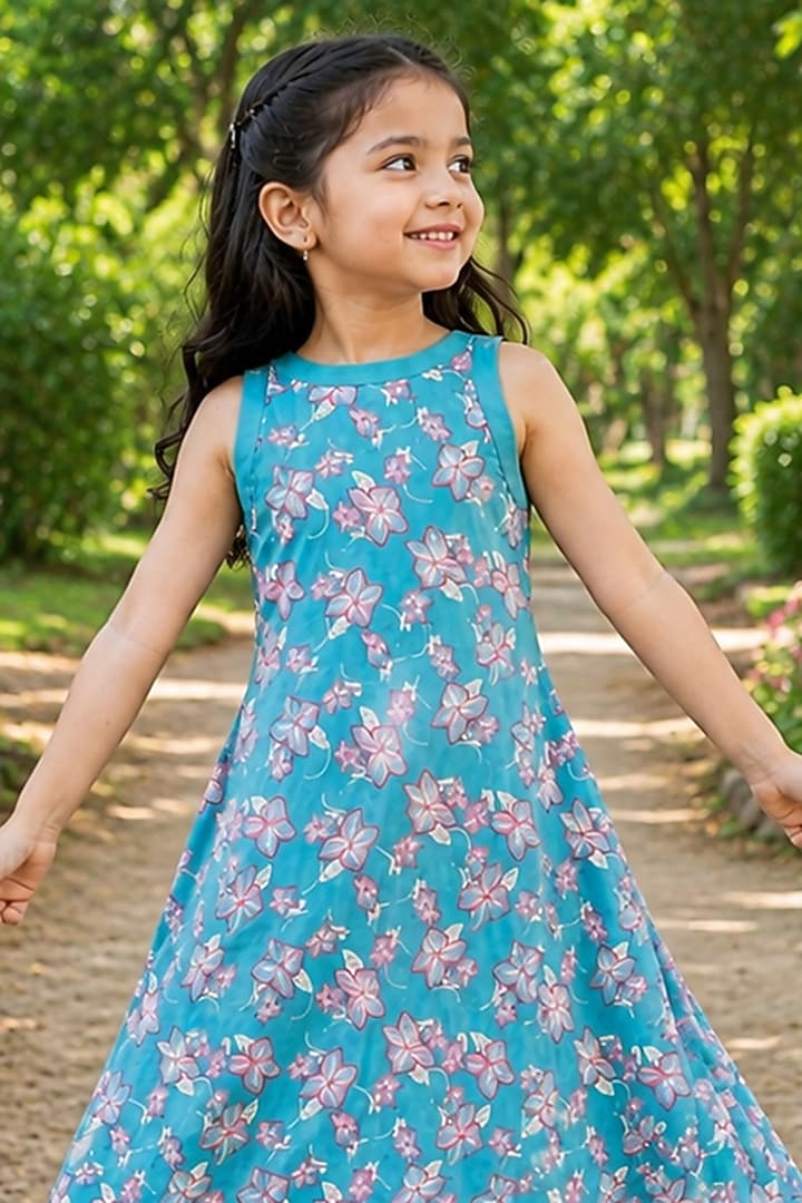 Blue Cotton Floral Printed Kurta Set For Girls by House Of Jamoti Kids at Pernia's Pop Up Shop