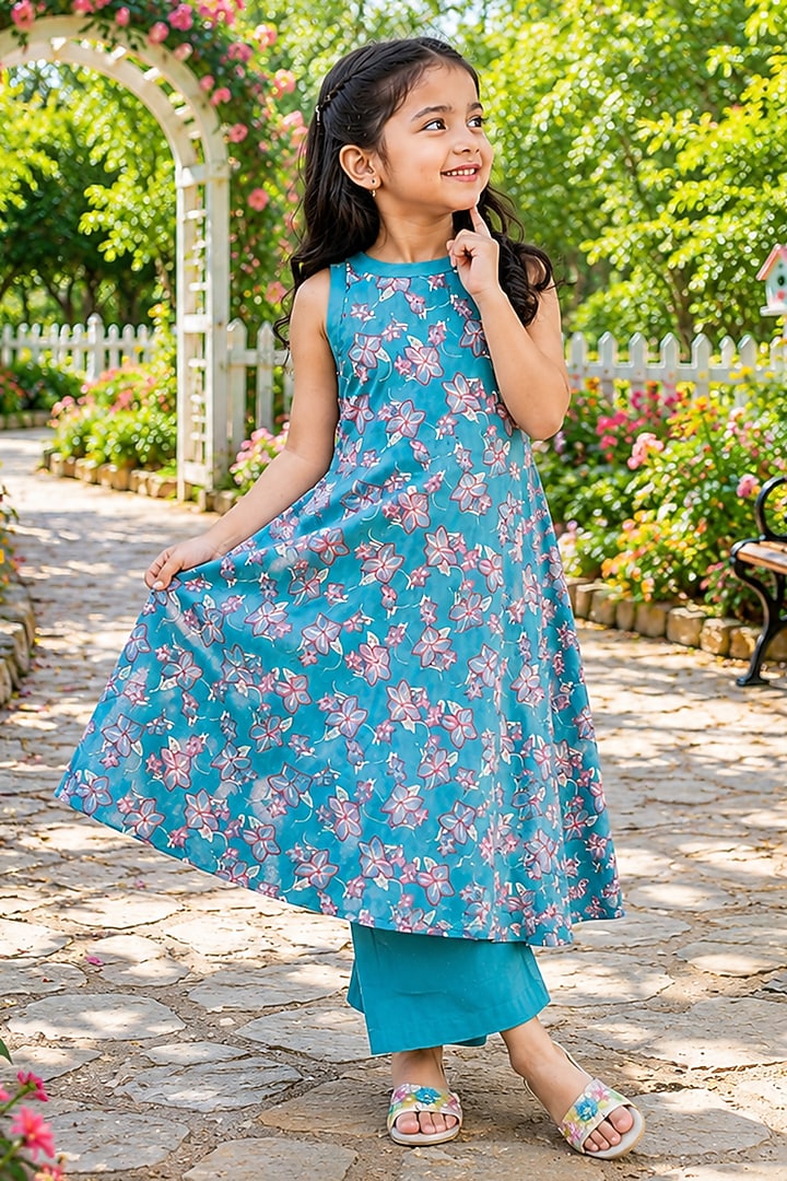 Blue Cotton Floral Printed Kurta Set For Girls by House Of Jamoti Kids at Pernia's Pop Up Shop