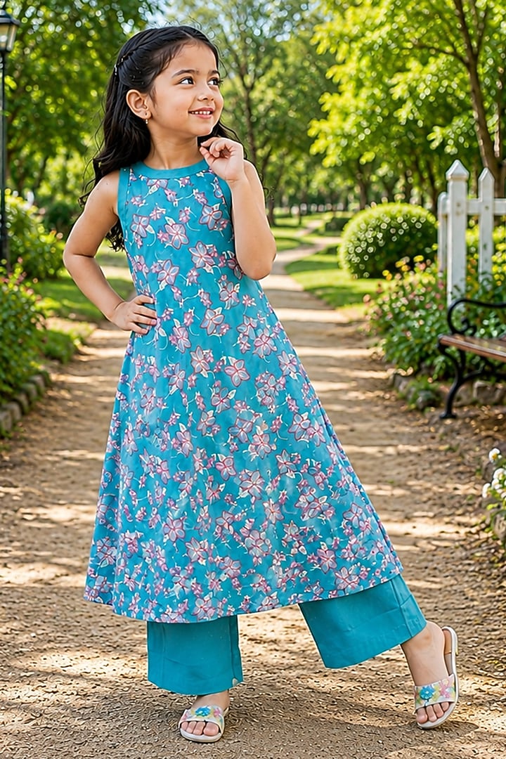 Blue Cotton Floral Printed Kurta Set For Girls by House Of Jamoti Kids at Pernia's Pop Up Shop