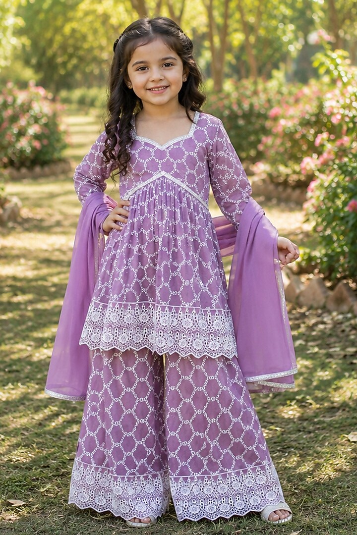 Purple Cotton Printed & Embroidered Sharara Set For Girls by House Of Jamoti Kids at Pernia's Pop Up Shop