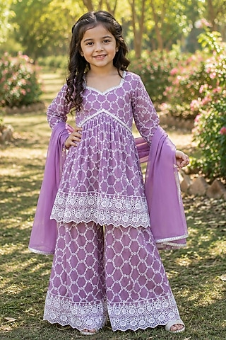 Purple Cotton Printed & Embroidered Sharara Set For Girls by House Of Jamoti Kids