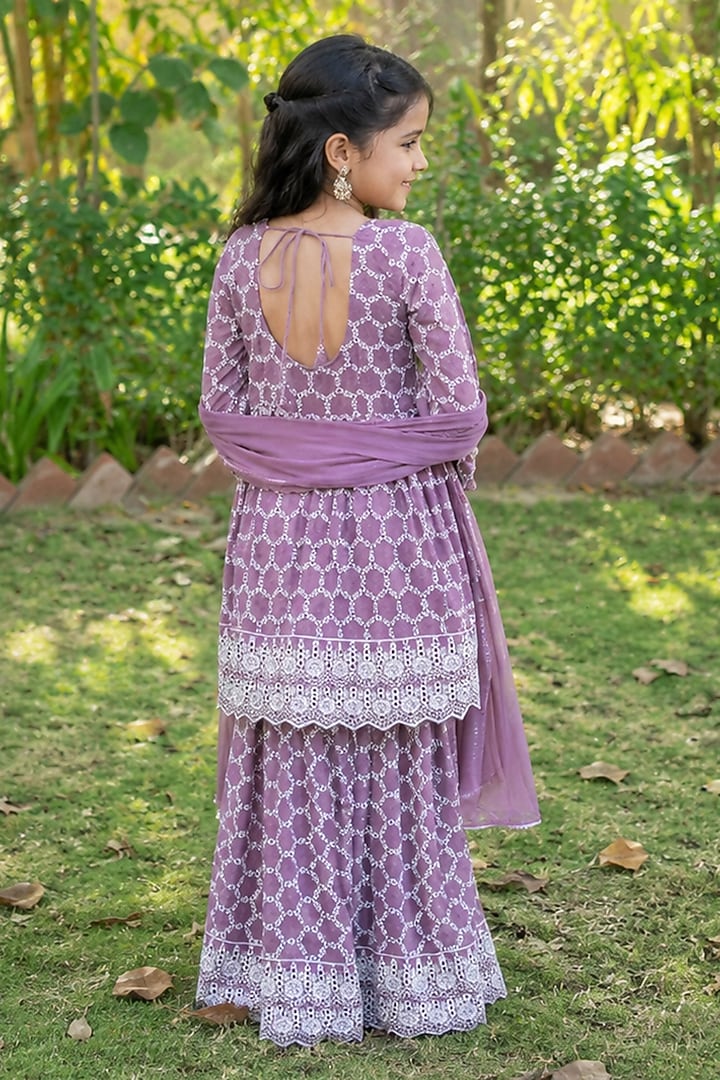 Purple Cotton Printed & Embroidered Sharara Set For Girls by House Of Jamoti Kids at Pernia's Pop Up Shop