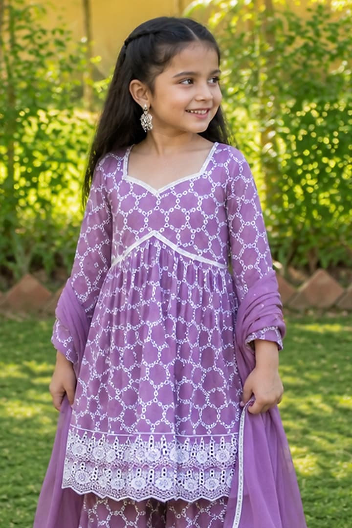 Purple Cotton Printed & Embroidered Sharara Set For Girls by House Of Jamoti Kids at Pernia's Pop Up Shop