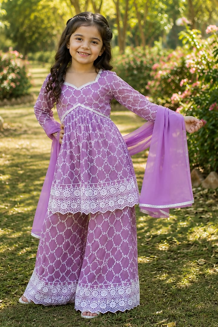 Purple Cotton Printed & Embroidered Sharara Set For Girls by House Of Jamoti Kids at Pernia's Pop Up Shop